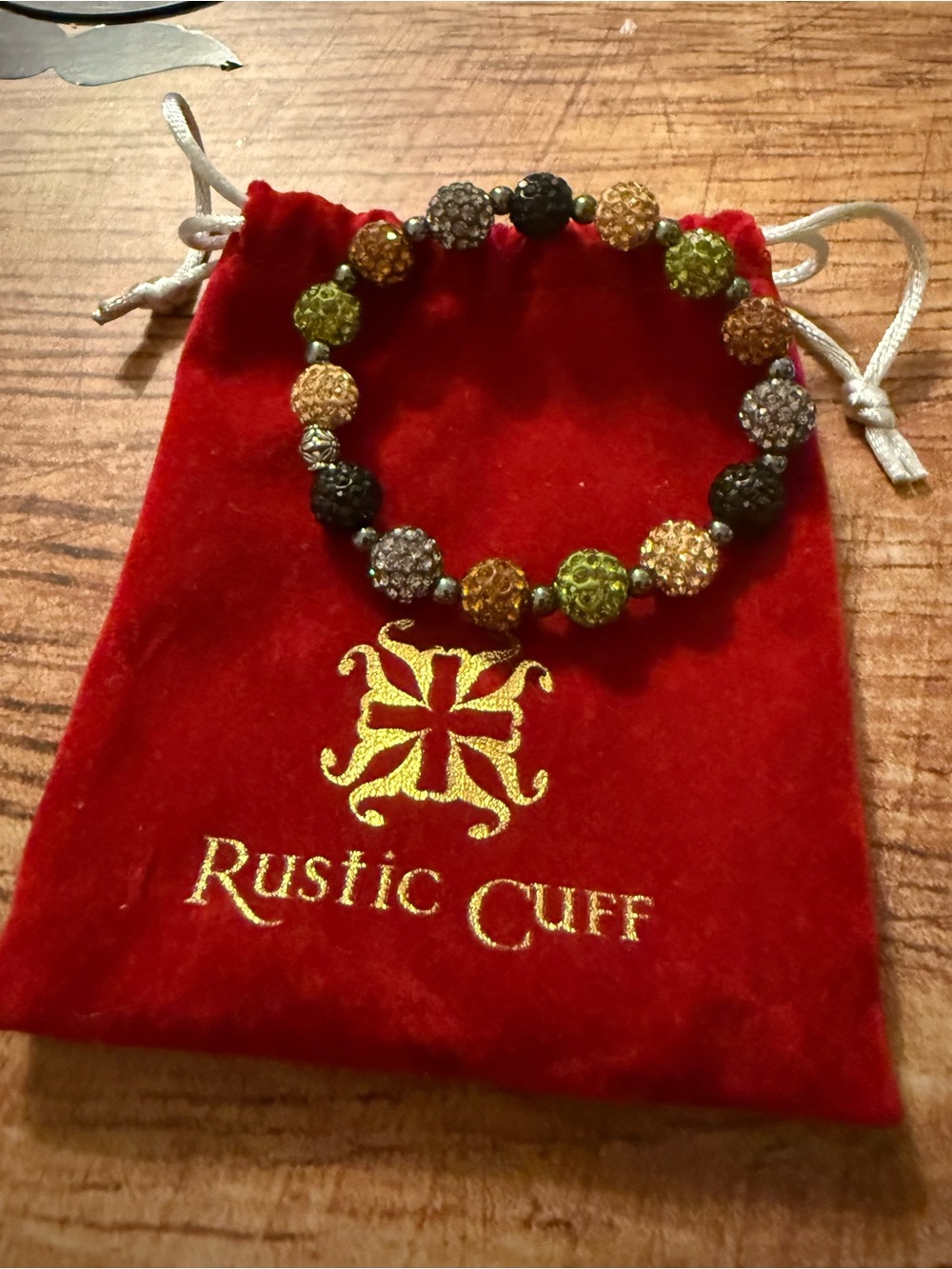 Rustic Cuff Green, Gold, Black & Purple Sparkle Bead Bracelet